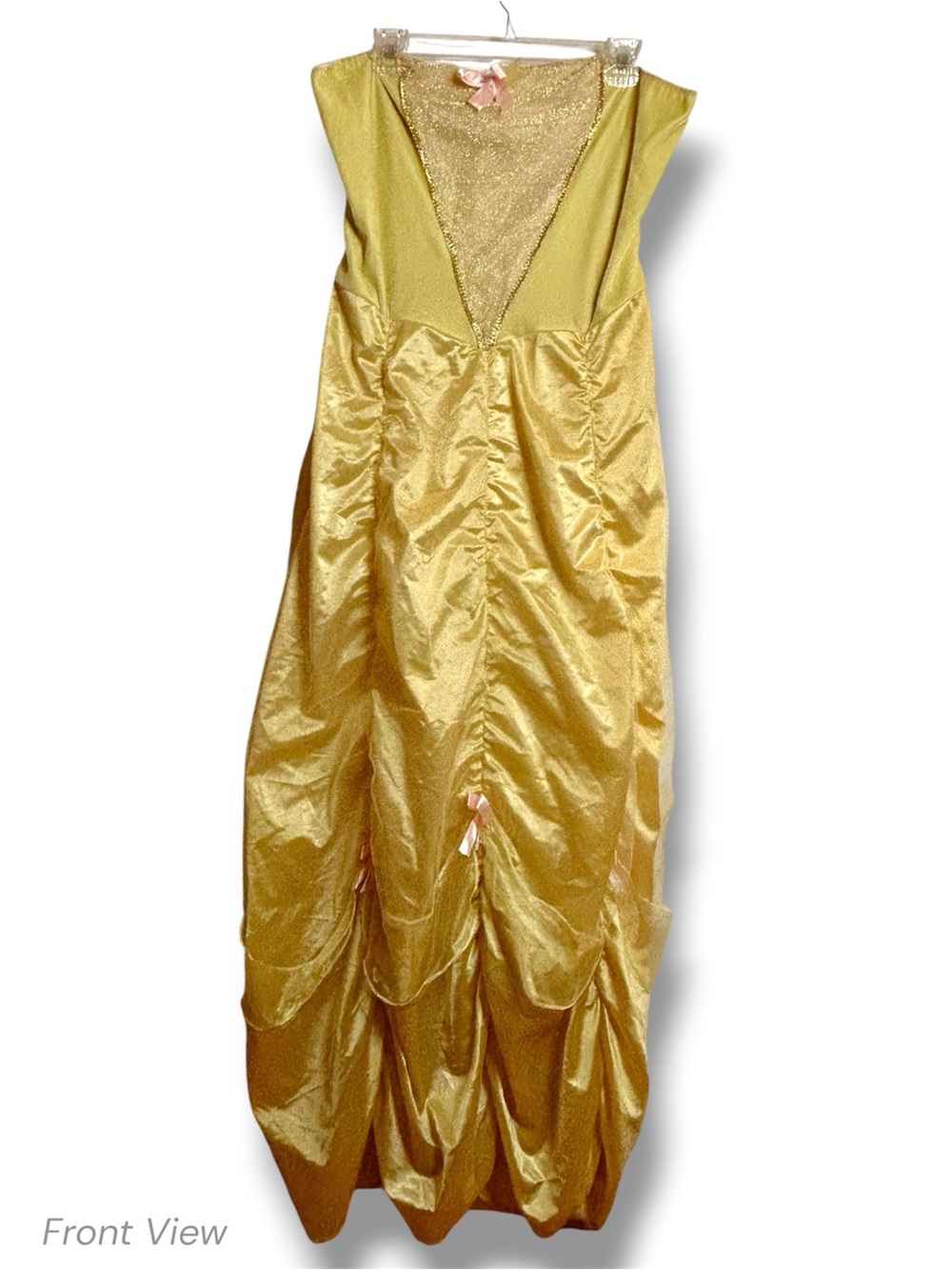 Disney Beauty & Beast Belle Gold Costume Ball Gown Ruched Skirt Pink Bows L/XL